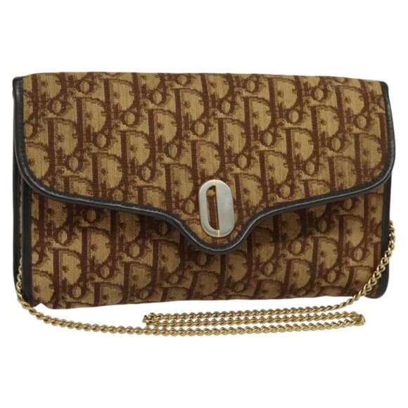Christian Dior Trotter Canvas Chain Shoulder Bag Brown Gold Auth KD047 - Picture 1 of 16